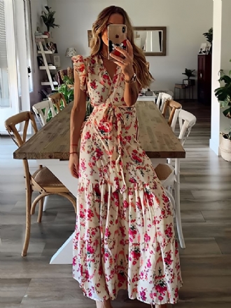 Vestido Longo Feminino Com Decote Em V Sem Mangas Renda Plissada Babados Estampa Floral Maxi Elástico