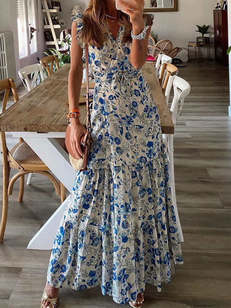 Vestido Longo Feminino Com Decote Em V Sem Mangas Renda Plissada Babados Estampa Floral Maxi Elástico - Azul