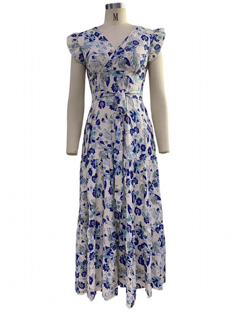 Vestido Longo Feminino Com Decote Em V Sem Mangas Renda Plissada Babados Estampa Floral Maxi Elástico - Azul