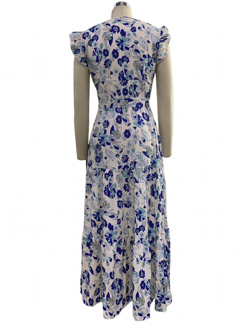 Vestido Longo Feminino Com Decote Em V Sem Mangas Renda Plissada Babados Estampa Floral Maxi Elástico - Azul