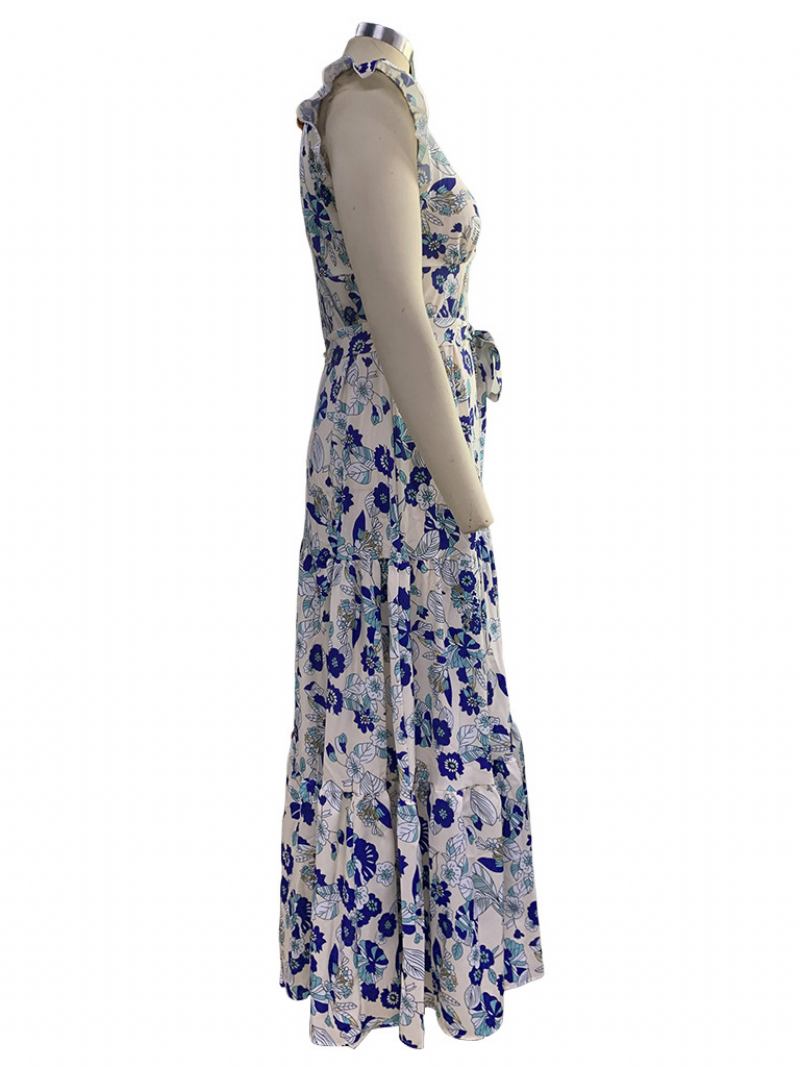 Vestido Longo Feminino Com Decote Em V Sem Mangas Renda Plissada Babados Estampa Floral Maxi Elástico - Azul