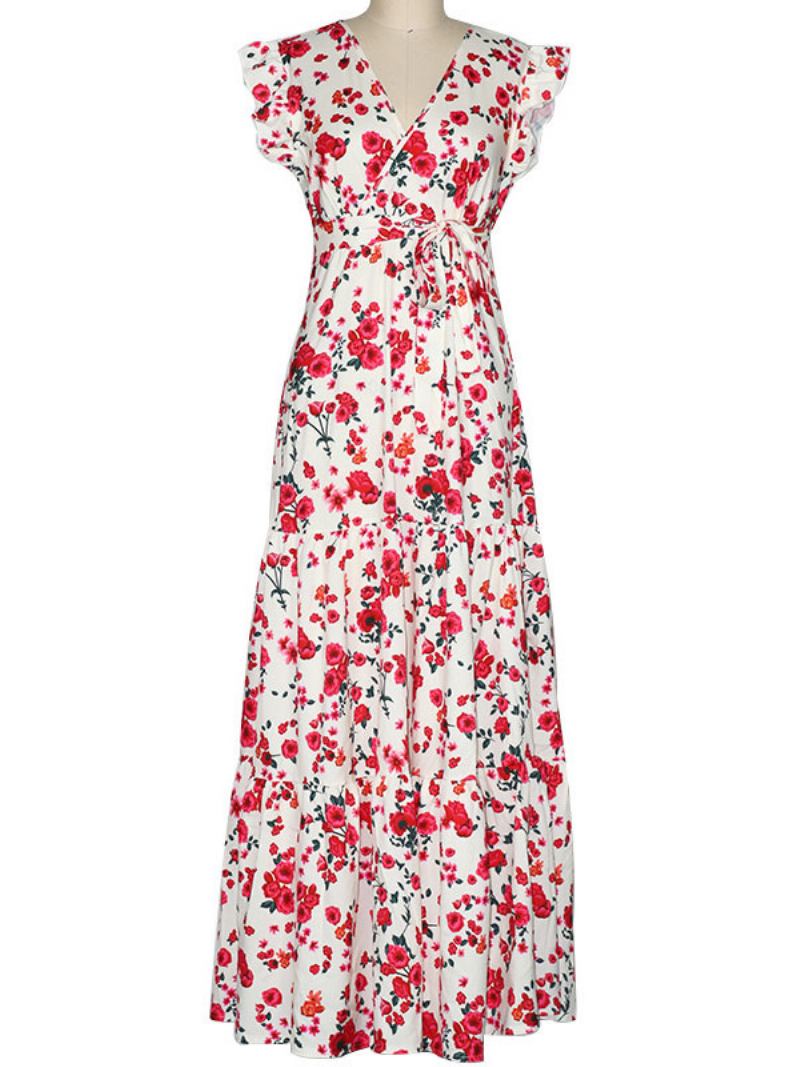 Vestido Longo Feminino Com Decote Em V Sem Mangas Renda Plissada Babados Estampa Floral Maxi Elástico - Rosa