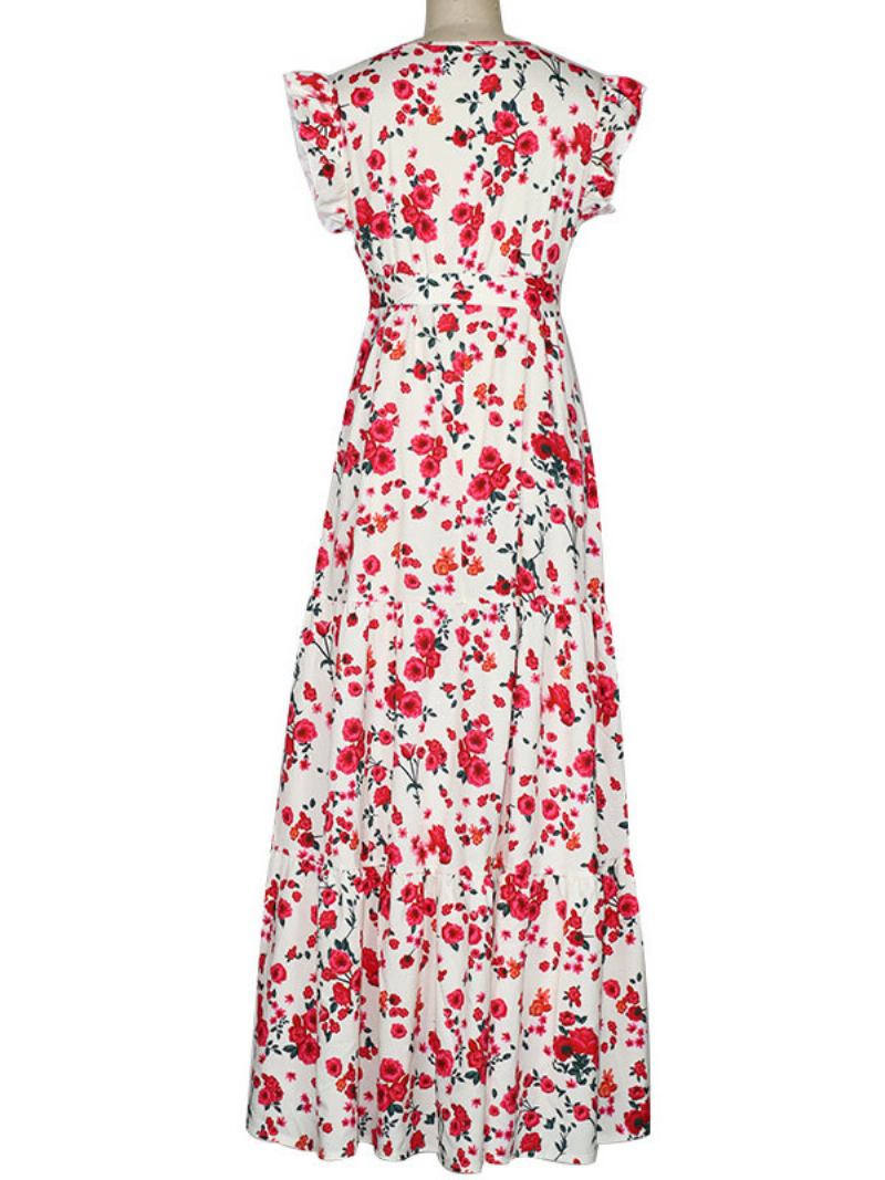 Vestido Longo Feminino Com Decote Em V Sem Mangas Renda Plissada Babados Estampa Floral Maxi Elástico - Rosa