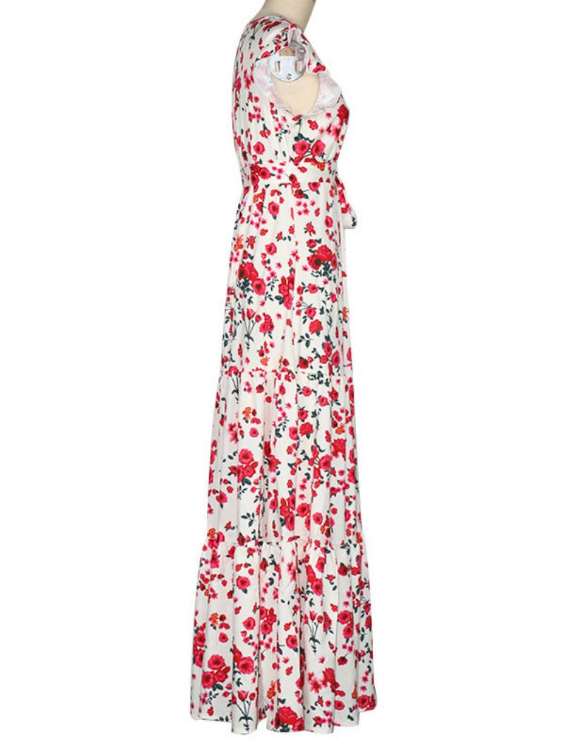 Vestido Longo Feminino Com Decote Em V Sem Mangas Renda Plissada Babados Estampa Floral Maxi Elástico - Rosa