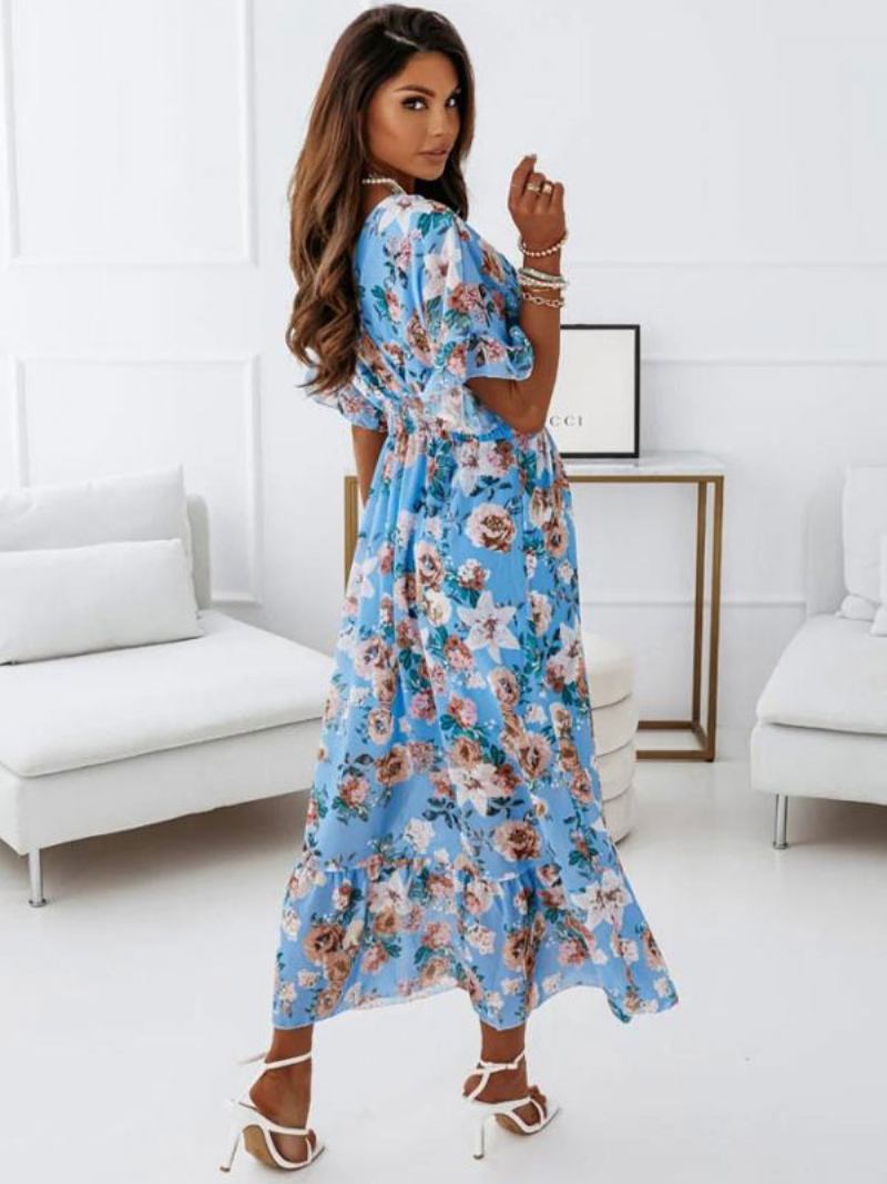 Vestido Longo Feminino Com Estampa Floral Plissado Em Camadas Casual Decote V Manga Curta Maxi - Azul