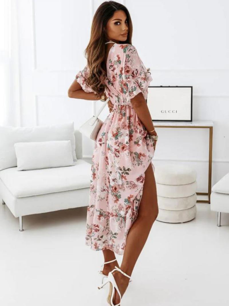 Vestido Longo Feminino Com Estampa Floral Plissado Em Camadas Casual Decote V Manga Curta Maxi - Rosa