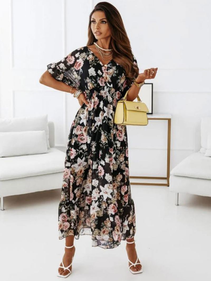 Vestido Longo Feminino Com Estampa Floral Plissado Em Camadas Casual Decote V Manga Curta Maxi - Preto