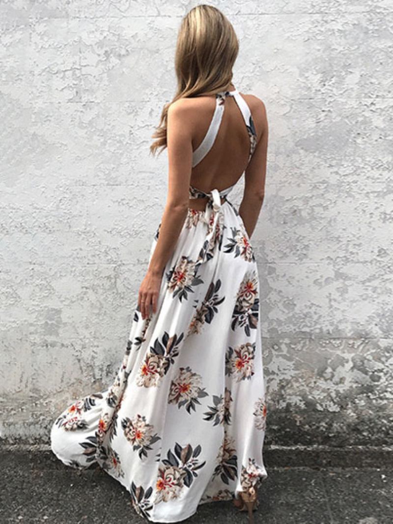 Vestido Maxi Branco Frente Única Sem Mangas Costas Abertas Estampa Floral Longo Verão Para Mulheres - Branco