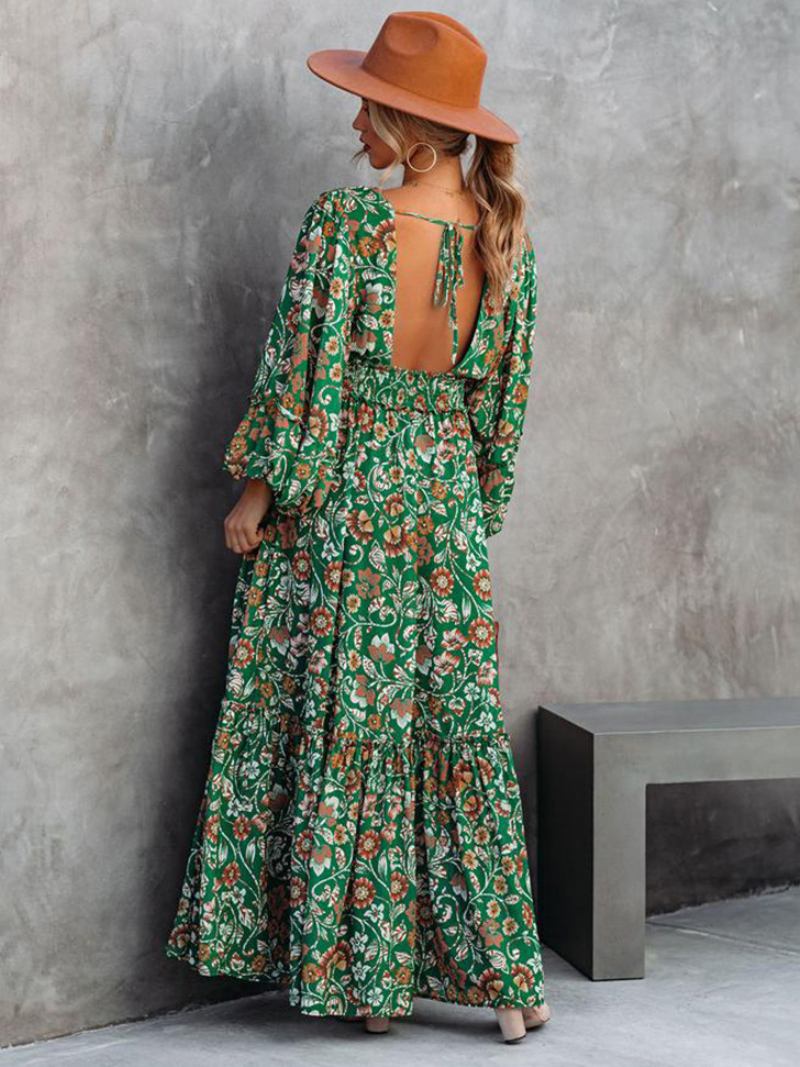 Vestido Maxi Feminino Com Decote Em V Mangas Compridas Casual Estampa Floral Até O Chão - Verde