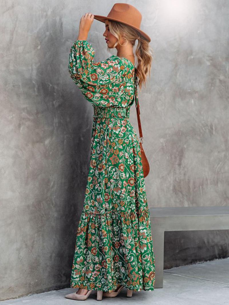 Vestido Maxi Feminino Com Decote Em V Mangas Compridas Casual Estampa Floral Até O Chão - Verde