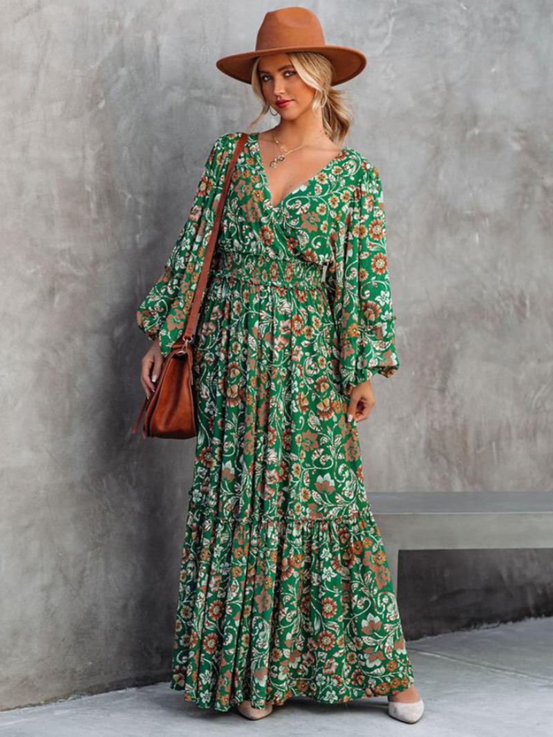 Vestido Maxi Feminino Com Decote Em V Mangas Compridas Casual Estampa Floral Até O Chão - Verde