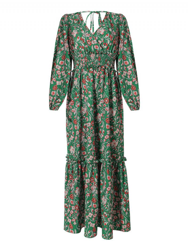 Vestido Maxi Feminino Com Decote Em V Mangas Compridas Casual Estampa Floral Até O Chão - Verde