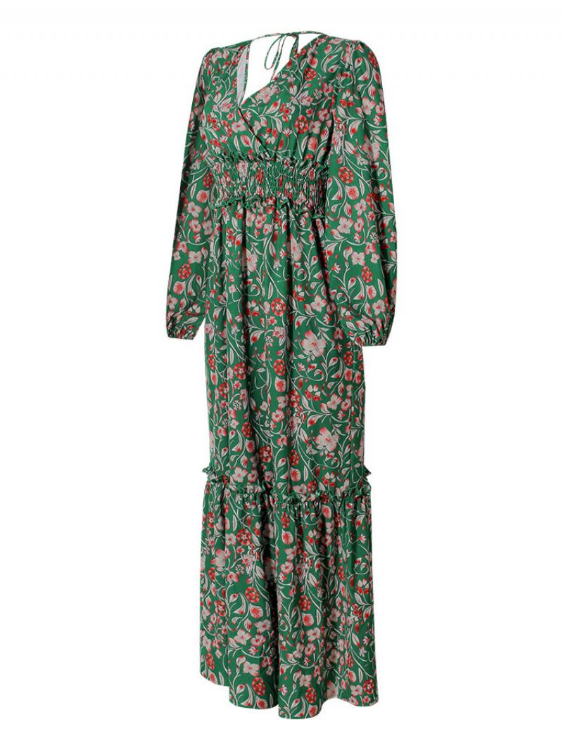 Vestido Maxi Feminino Com Decote Em V Mangas Compridas Casual Estampa Floral Até O Chão - Verde