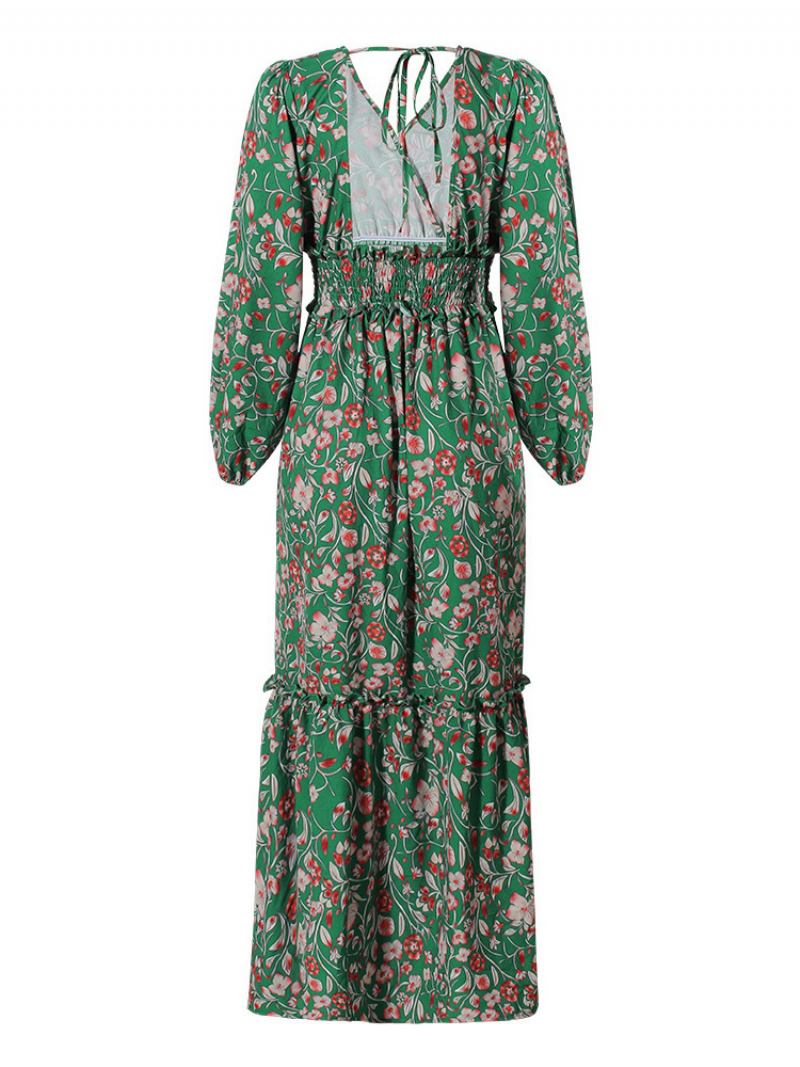 Vestido Maxi Feminino Com Decote Em V Mangas Compridas Casual Estampa Floral Até O Chão - Verde