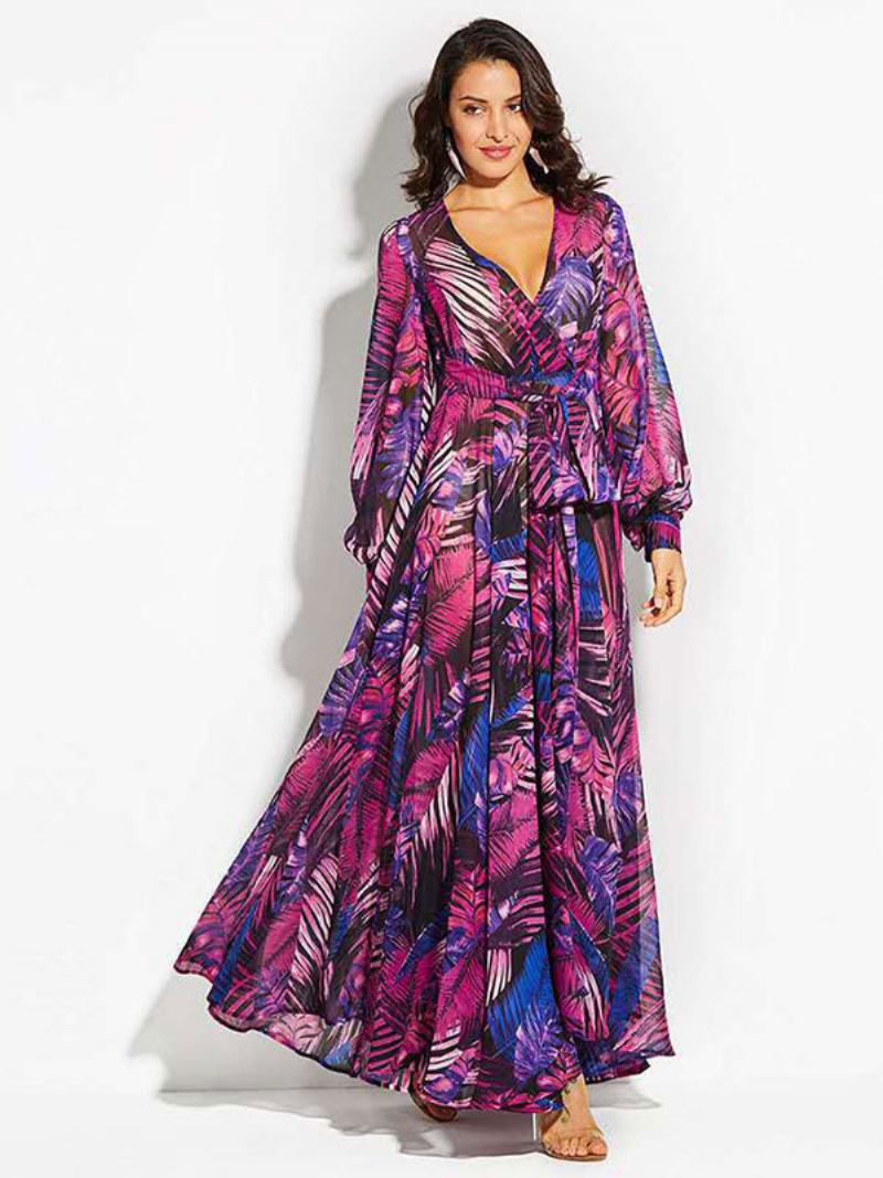 Vestido Maxi Feminino Com Decote Em V Mangas Compridas Longo Estampado - Roxo