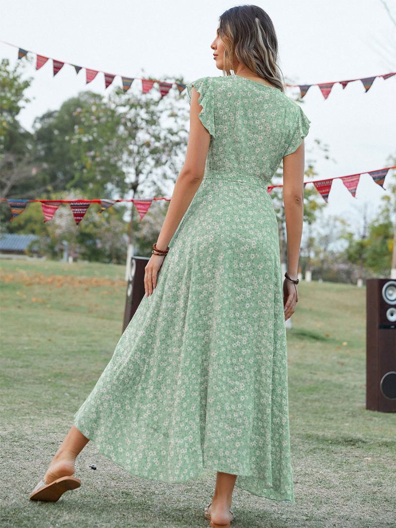 Vestido Maxi Feminino Com Decote Em V Mangas Curtas Estampadas Até O Chão - Verde Claro