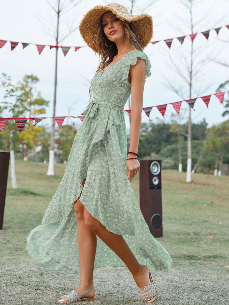 Vestido Maxi Feminino Com Decote Em V Mangas Curtas Estampadas Até O Chão - Verde Claro