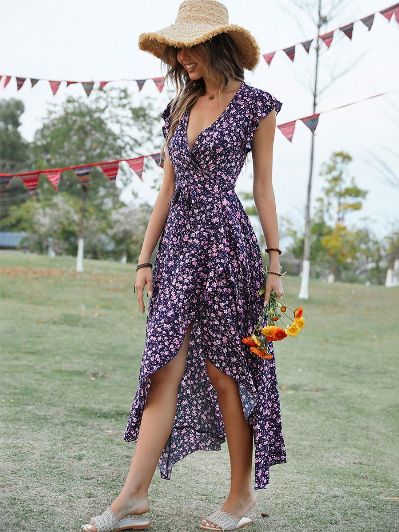 Vestido Maxi Feminino Com Decote Em V Mangas Curtas Estampadas Até O Chão - Marinho Escuro