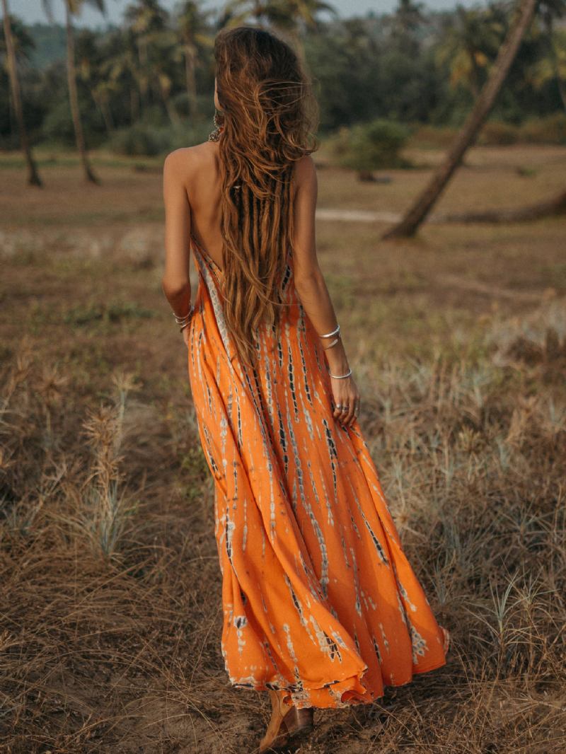 Vestido Maxi Feminino Com Decote Em V Sem Mangas Estampado Até O Chão - Amarelo