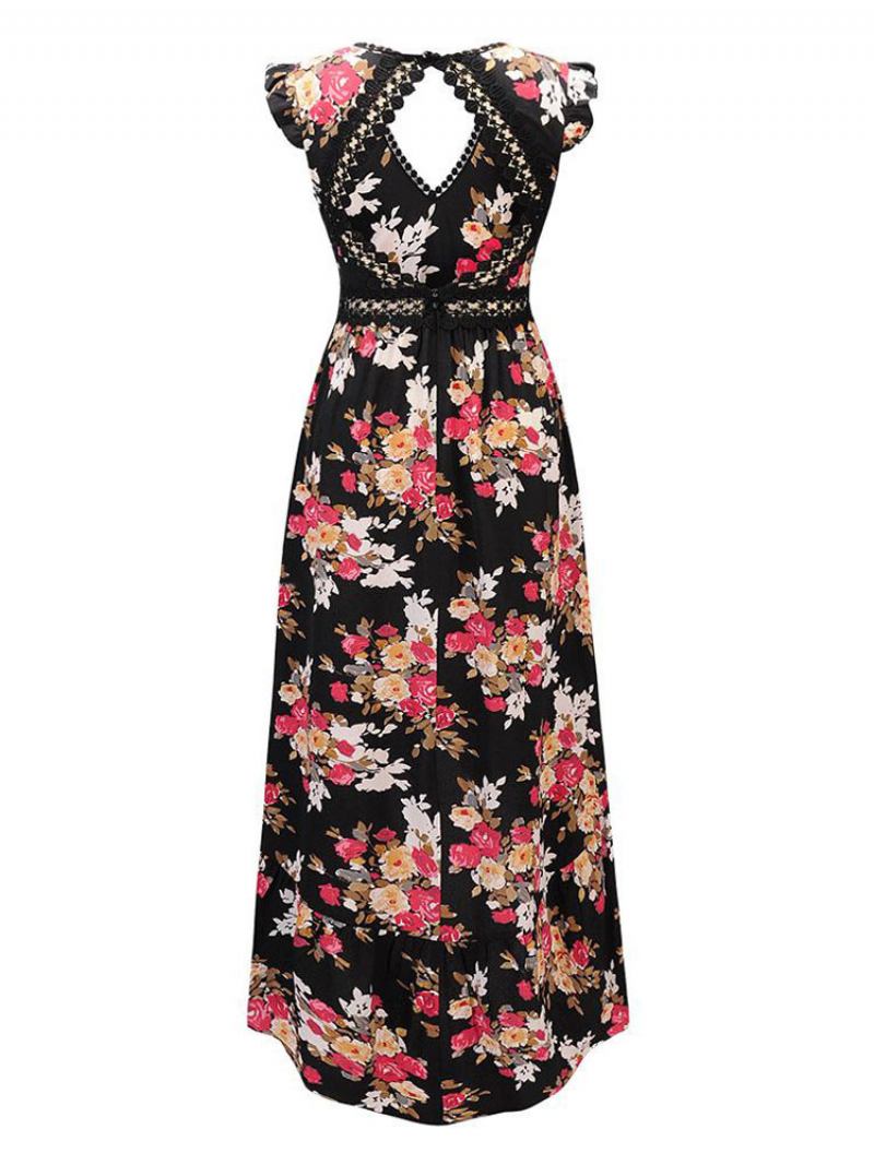 Vestido Maxi Feminino Com Estampa Floral Decote Em V Costas Nuas Divisão Alta E Baixa Longo Verão - Preto