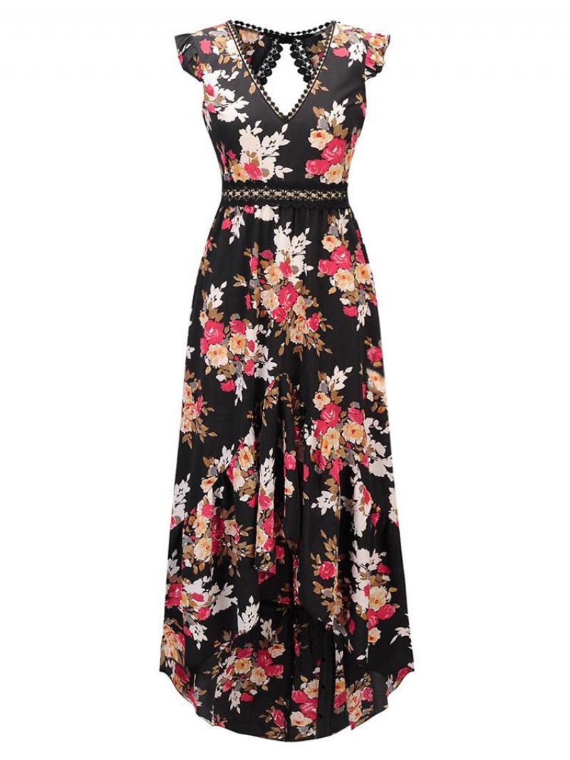 Vestido Maxi Feminino Com Estampa Floral Decote Em V Costas Nuas Divisão Alta E Baixa Longo Verão - Preto