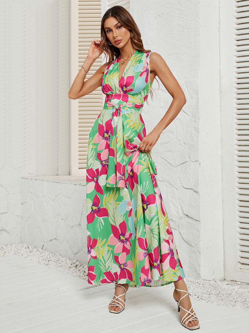 Vestido Maxi Feminino Floral Com Decote Em V Cinto Sem Mangas Vestidos Longos Assimétricos - Verde