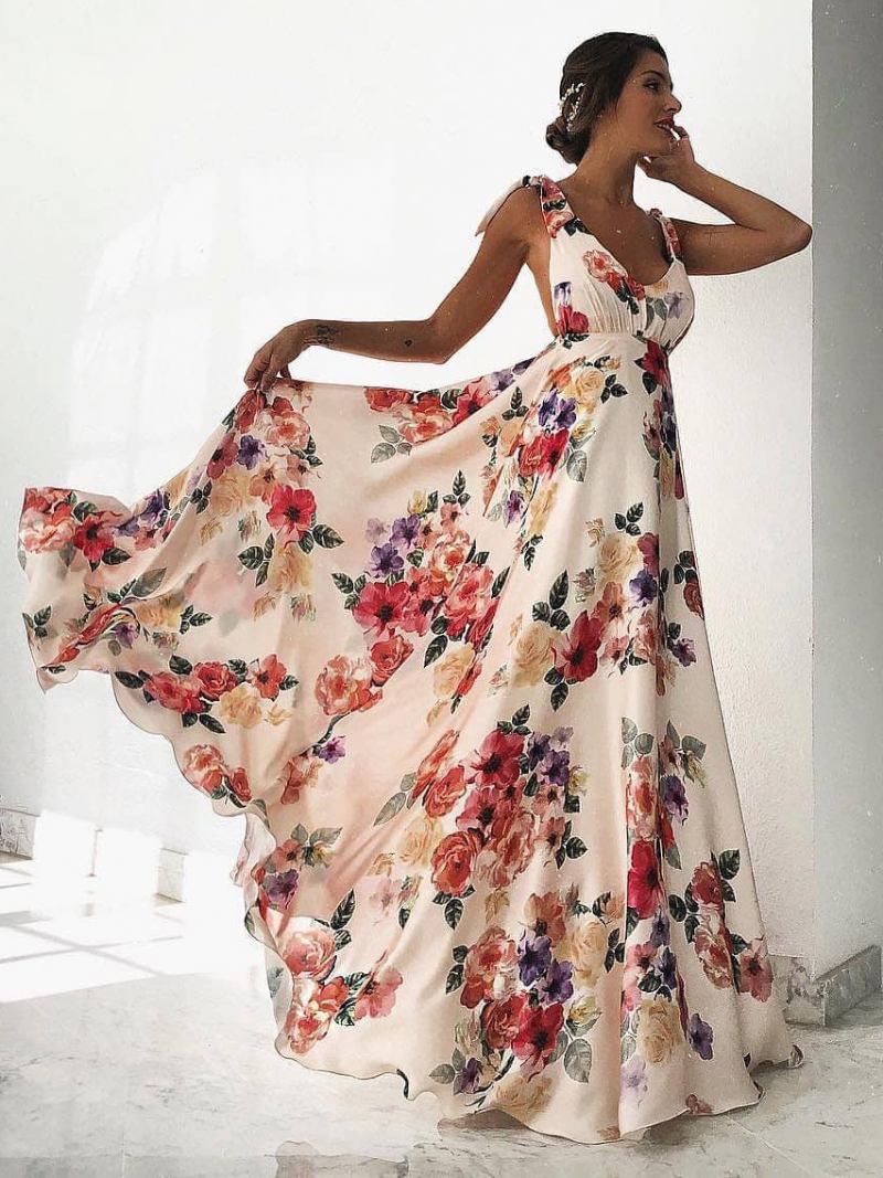 Vestido Maxi Floral Feminino Branco Com Decote Em V Aberto Nas Costas Chiffon Boho Vestidos Verão