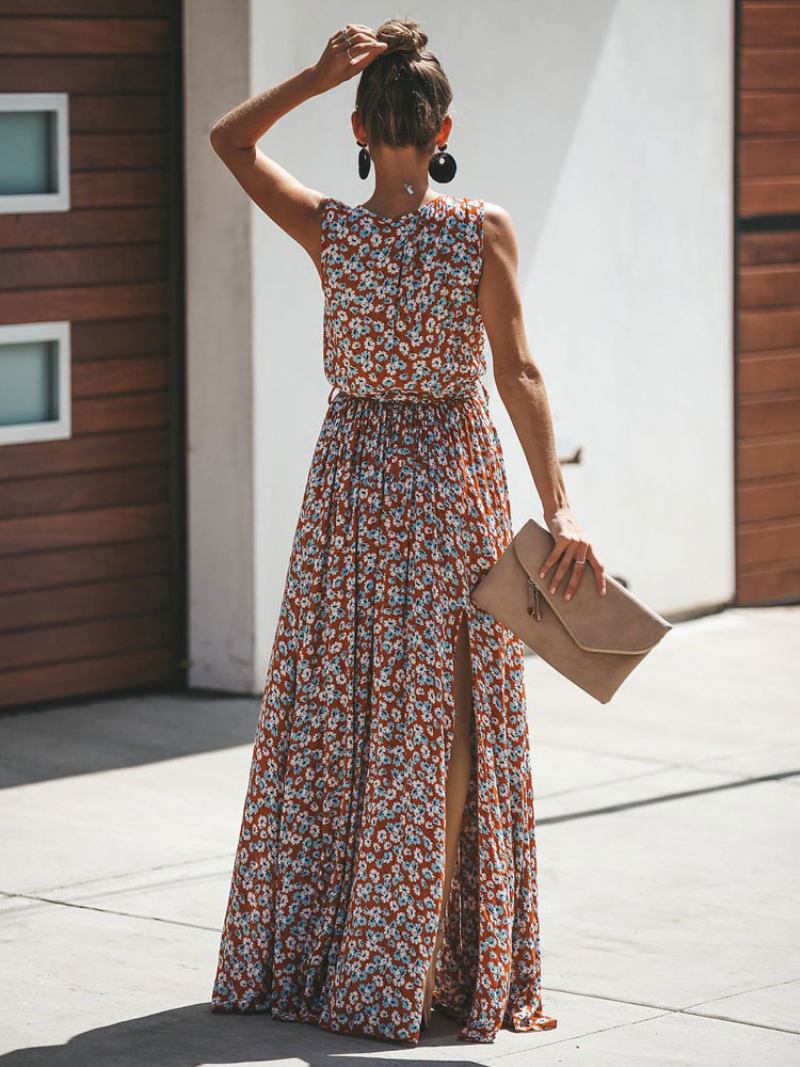 Vestido Maxi Floral Feminino Sem Mangas Com Decote Em V Dividido Verão - Tijolo Vermelho