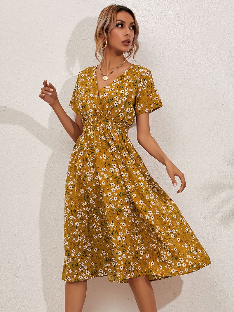 Vestido Midi Feminino Com Decote Em V Manga Curta Estampado Floral Chique Verão