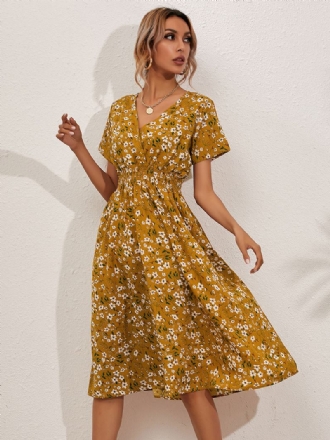 Vestido Midi Feminino Com Decote Em V Manga Curta Estampado Floral Chique Verão