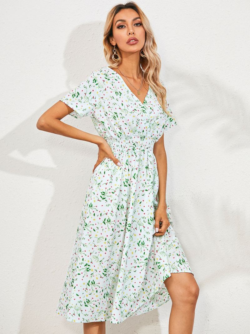 Vestido Midi Feminino Com Decote Em V Manga Curta Estampado Floral Chique Verão - Verde Claro