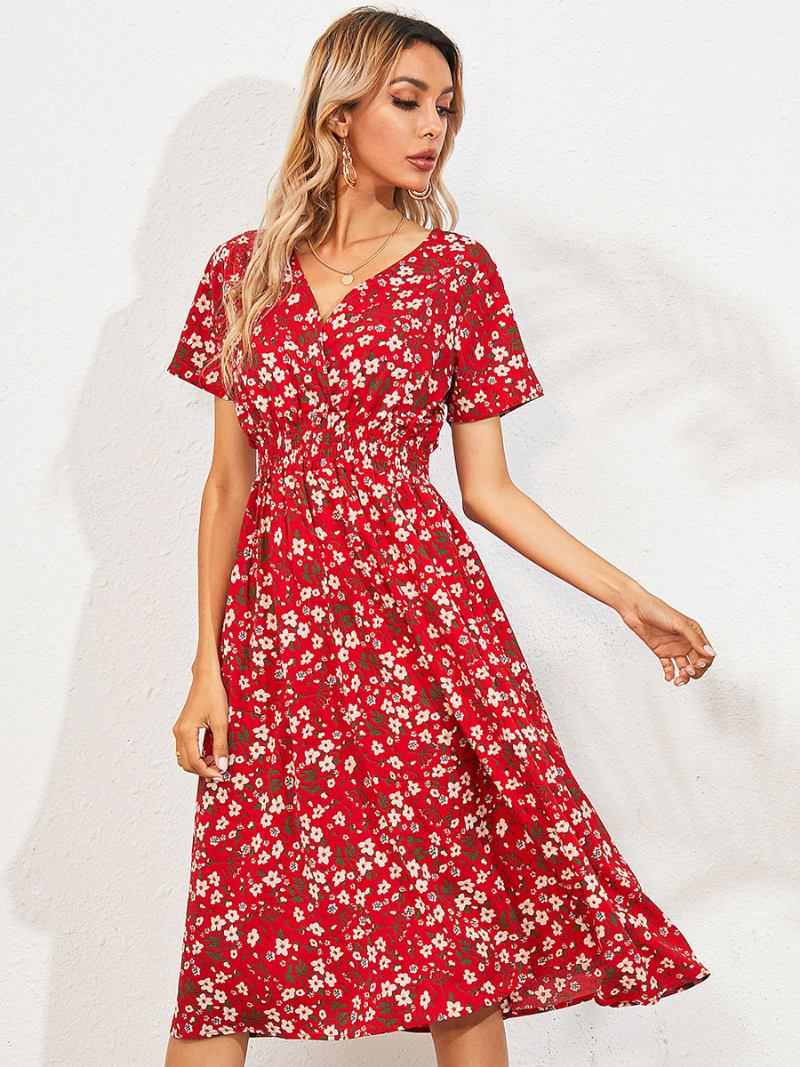 Vestido Midi Feminino Com Decote Em V Manga Curta Estampado Floral Chique Verão - Vermelho