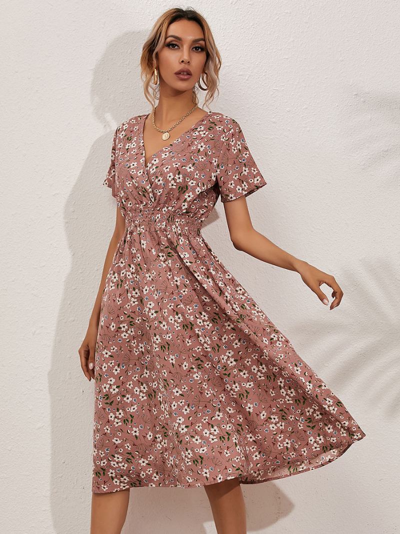 Vestido Midi Feminino Com Decote Em V Manga Curta Estampado Floral Chique Verão - Rosa