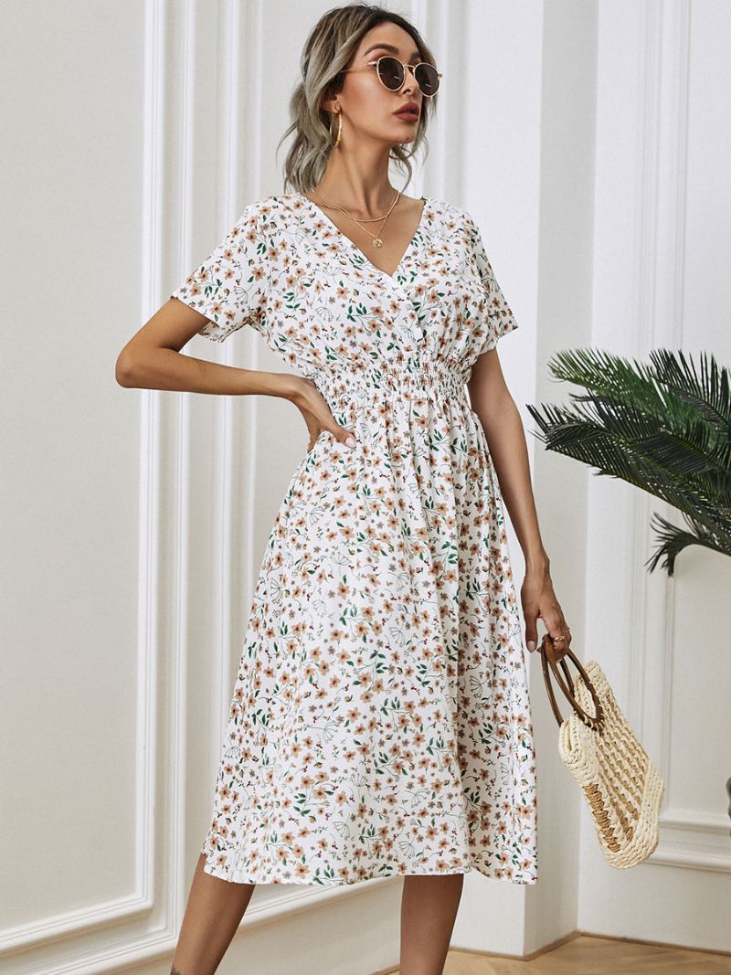 Vestido Midi Feminino Com Decote Em V Manga Curta Estampado Floral Chique Verão - Branco