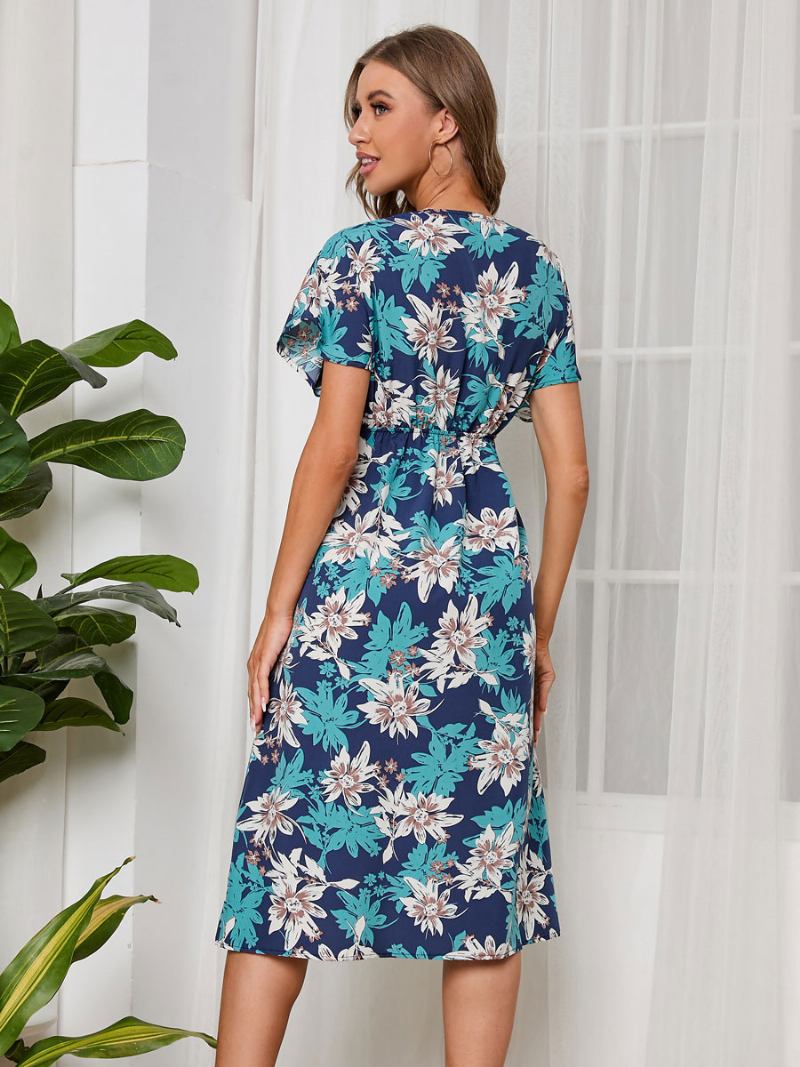 Vestido Verão Feminino Azul Marinho Escuro Com Decote Em V Estampado Praia Chiffon - Marinho Escuro 