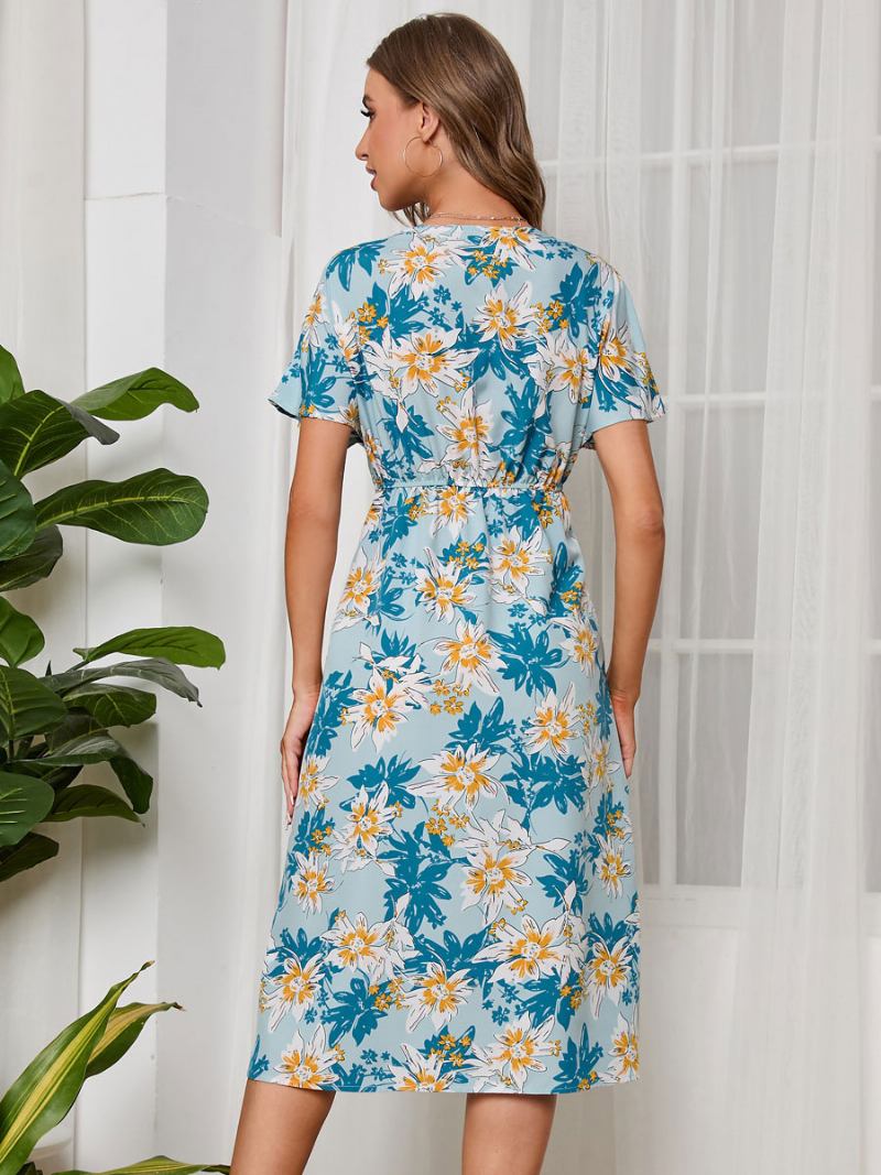 Vestido Verão Feminino Azul Marinho Escuro Com Decote Em V Estampado Praia Chiffon -  Azul Céu Claro 