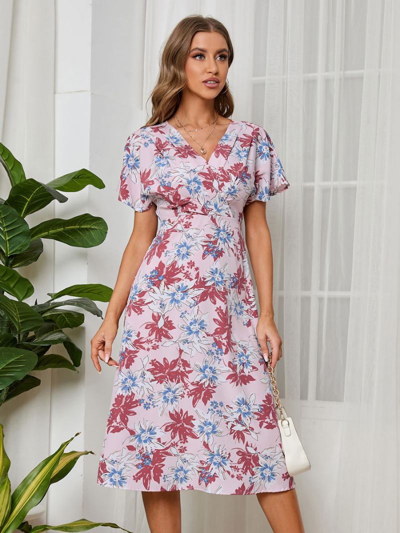 Vestido Verão Feminino Azul Marinho Escuro Com Decote Em V Estampado Praia Chiffon -  Rosa