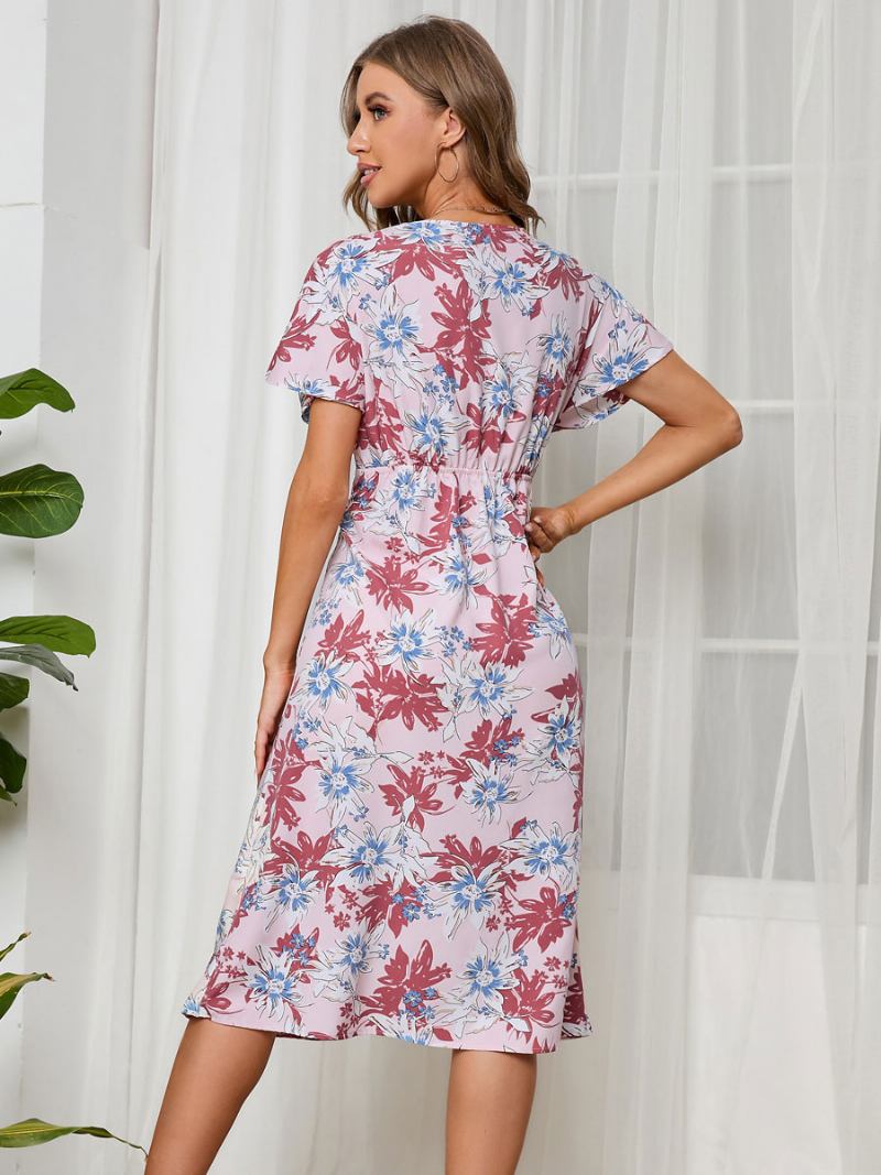 Vestido Verão Feminino Azul Marinho Escuro Com Decote Em V Estampado Praia Chiffon -  Rosa