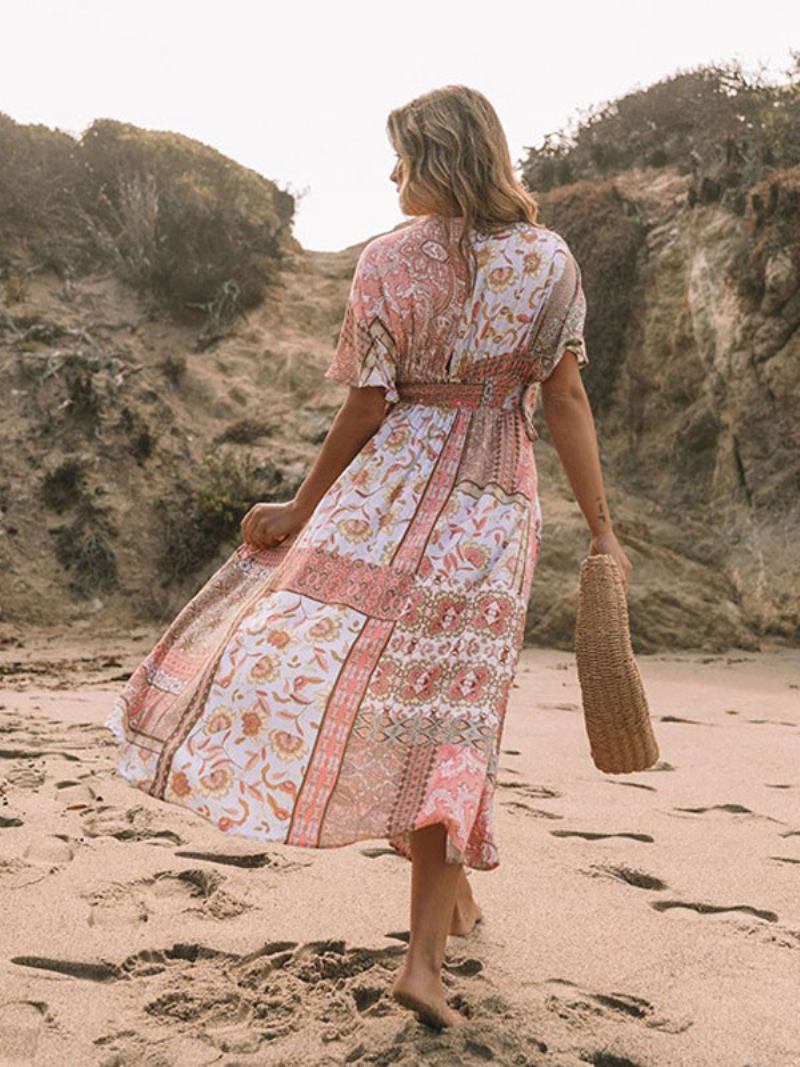 Vestido Verão Feminino Com Capa Rosa Decote Em V E Estampa Floral Praia - Rosa