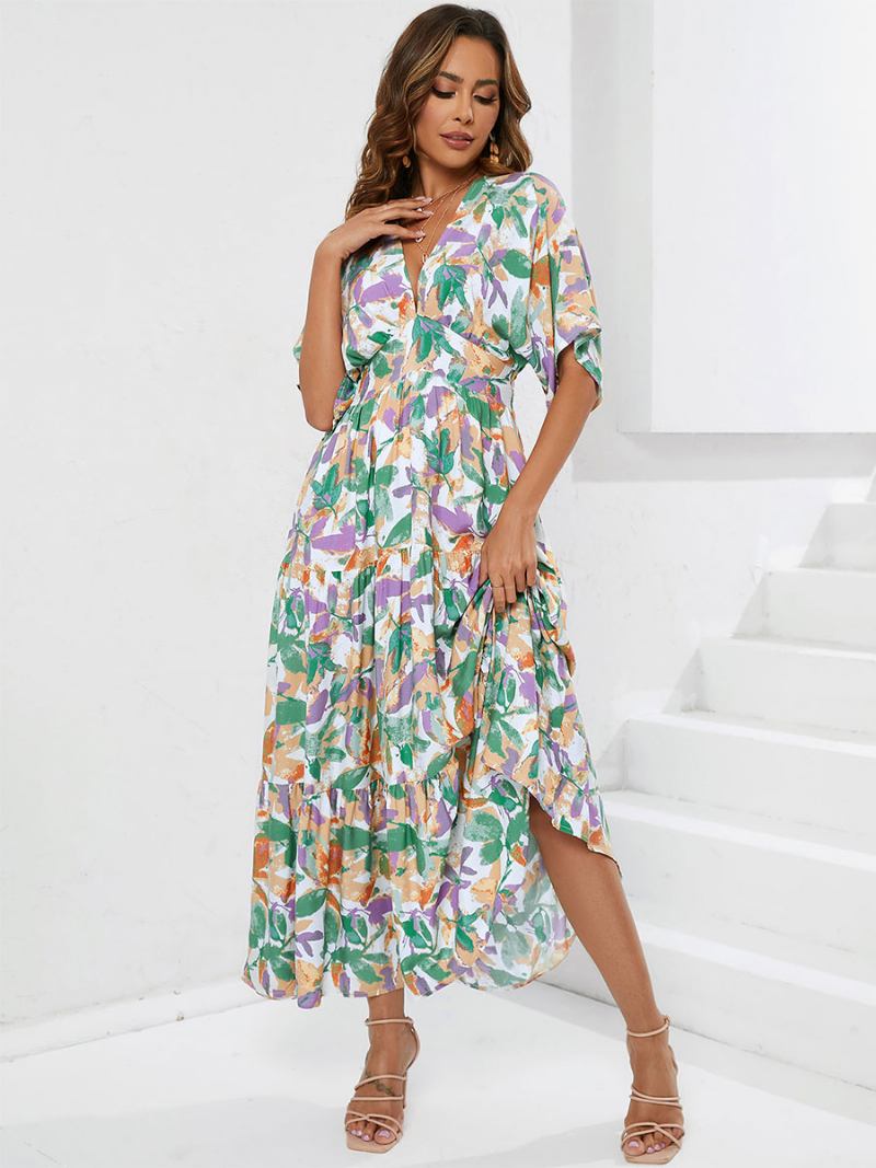 Vestido Verão Feminino Com Decote Em V Estampado Camadas Longo Praia Verde