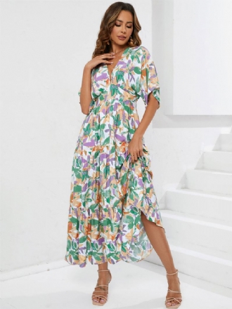 Vestido Verão Feminino Com Decote Em V Estampado Camadas Longo Praia Verde