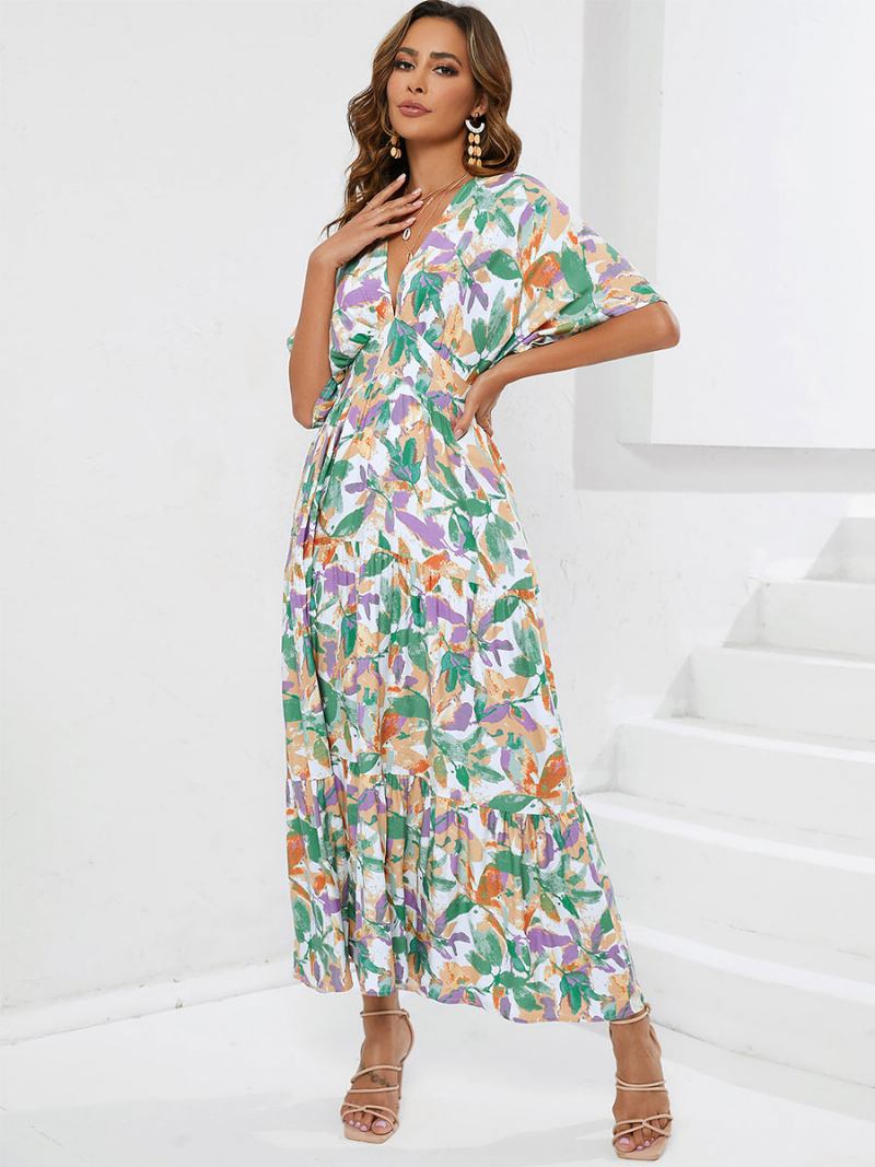 Vestido Verão Feminino Com Decote Em V Estampado Camadas Longo Praia Verde - Verde