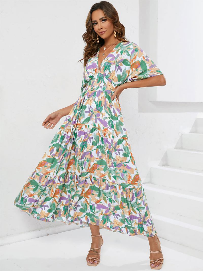 Vestido Verão Feminino Com Decote Em V Estampado Camadas Longo Praia Verde - Verde