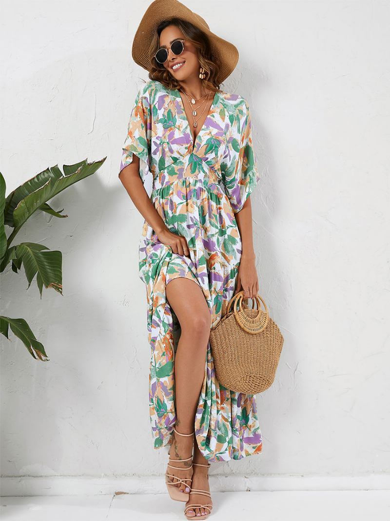 Vestido Verão Feminino Com Decote Em V Estampado Camadas Longo Praia Verde - Verde