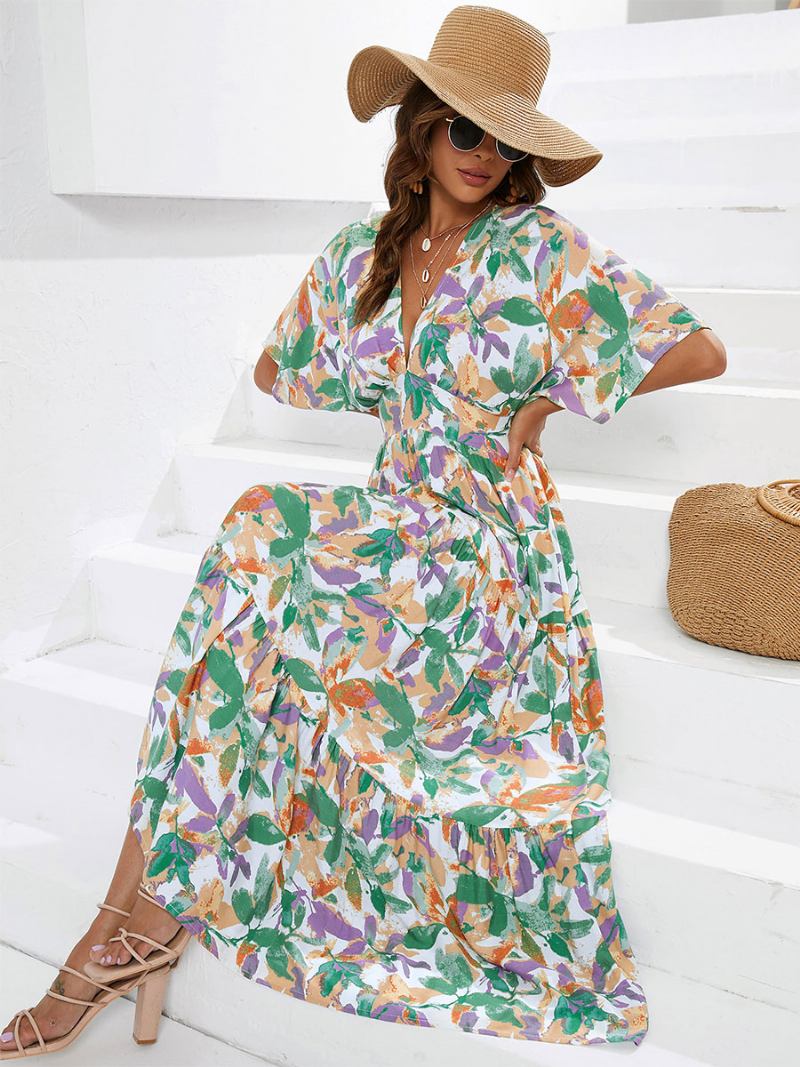 Vestido Verão Feminino Com Decote Em V Estampado Camadas Longo Praia Verde - Verde