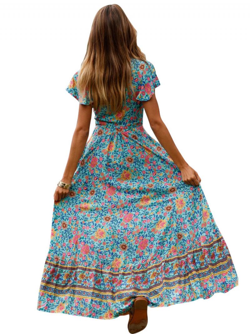 Vestidos Boêmios Femininos Azul Céu Claro Dividido Com Decote Em V Manga Curta Estampa Floral Vestido Longo Boho - Azul Céu Claro