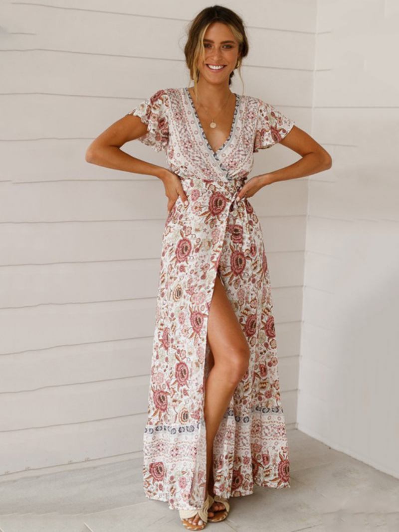 Vestidos Boêmios Femininos Vestido Chá Verão Com Decote Em V Manga Curta Estampa Floral Praia Dividido - Branco