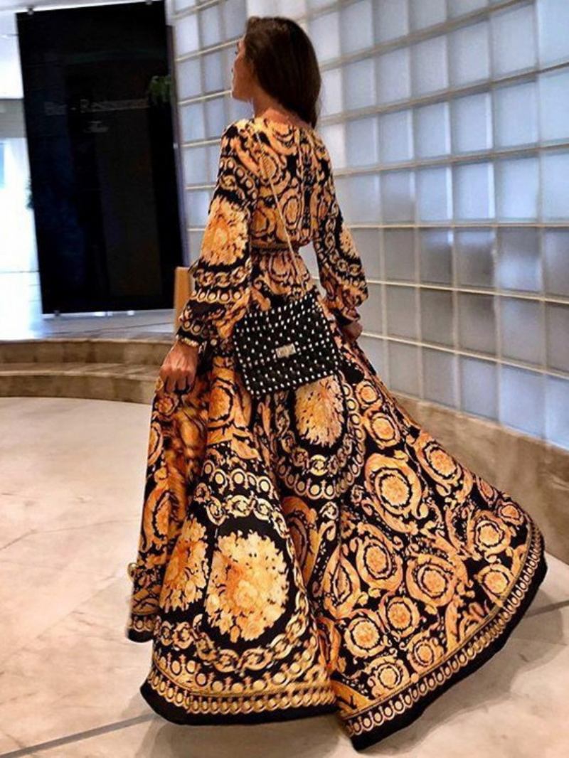 Vestidos Boho Maxi Mangas Compridas Estampadas Com Decote Em V Vestido Longo Para Mulheres - Dourado