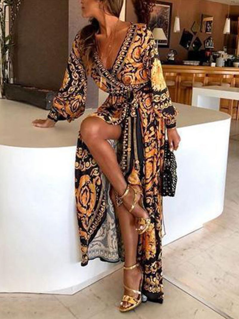 Vestidos Boho Maxi Mangas Compridas Estampadas Com Decote Em V Vestido Longo Para Mulheres - Dourado