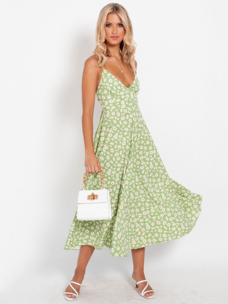 Vestidos Femininos Verão Com Estampa Floral Ditsy Vestido Balanço Praia - Verde Grama